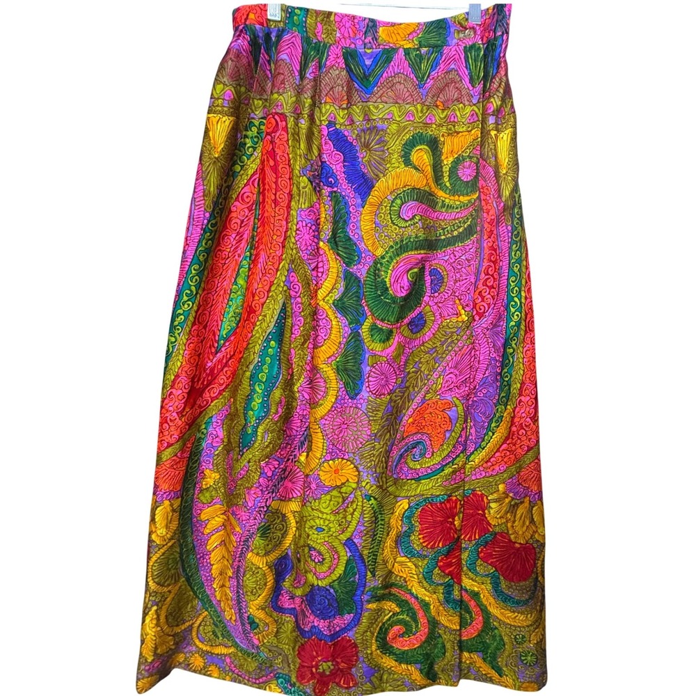 Vintage Flowet Power Leslie Fay Psychedelic Paisley Floral Maxi Skirt Bright M